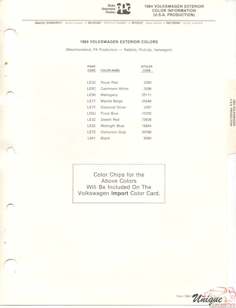 1984 Volkswagen Paint Charts PPG 3